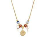 Gold coin and bead necklace with cross charms and mixed accent beads, photographed on a white background.