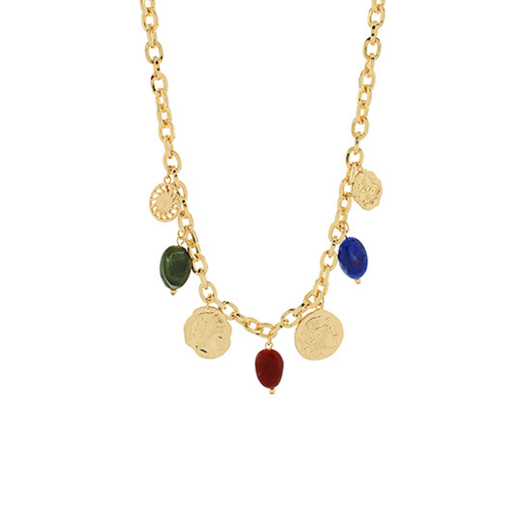 Gold necklace with colored beads on a white background