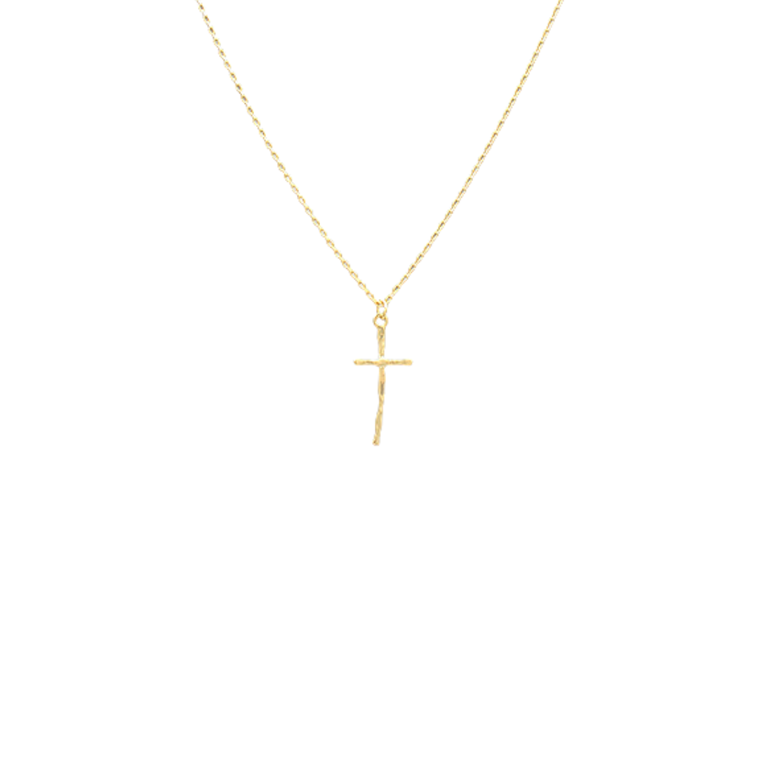 Gold cross necklace on a white background