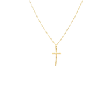 Gold cross necklace on a white background