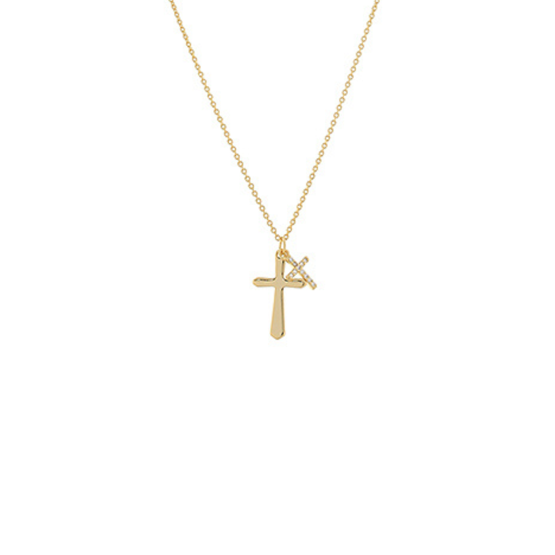 Gold necklace with a cross pendant on a white background