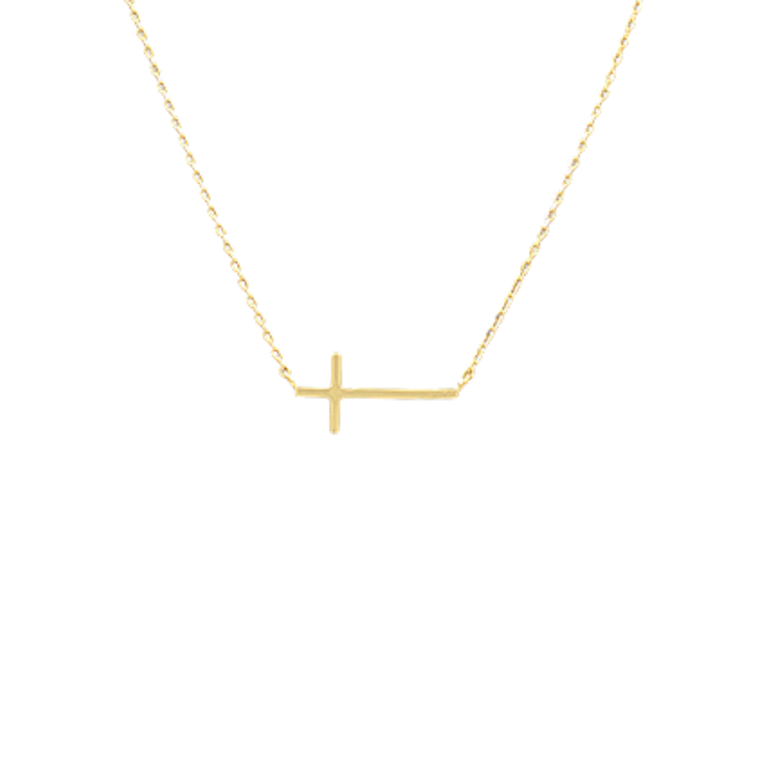 Gold necklace with a simple cross pendant on a white background