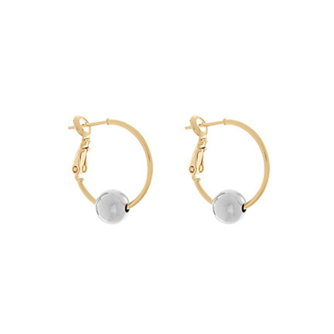 Two-tone hoop earrings with gold-dipped finish and contrasting silver ball detail, photographed on a white background.