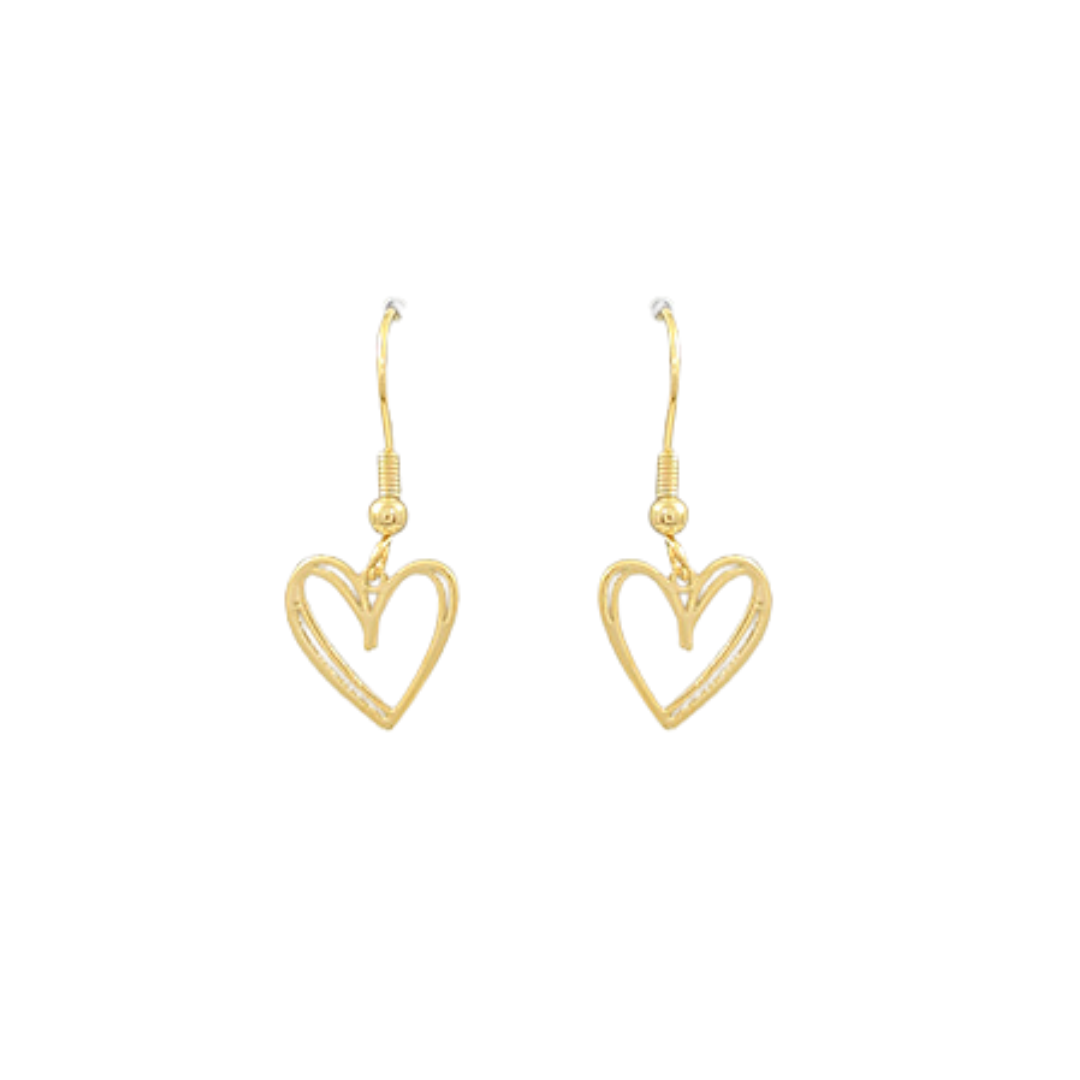 Gold-dipped open heart drop earrings with fishhook backing, photographed on a white background.