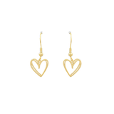 Gold-dipped open heart drop earrings with fishhook backing, photographed on a white background.