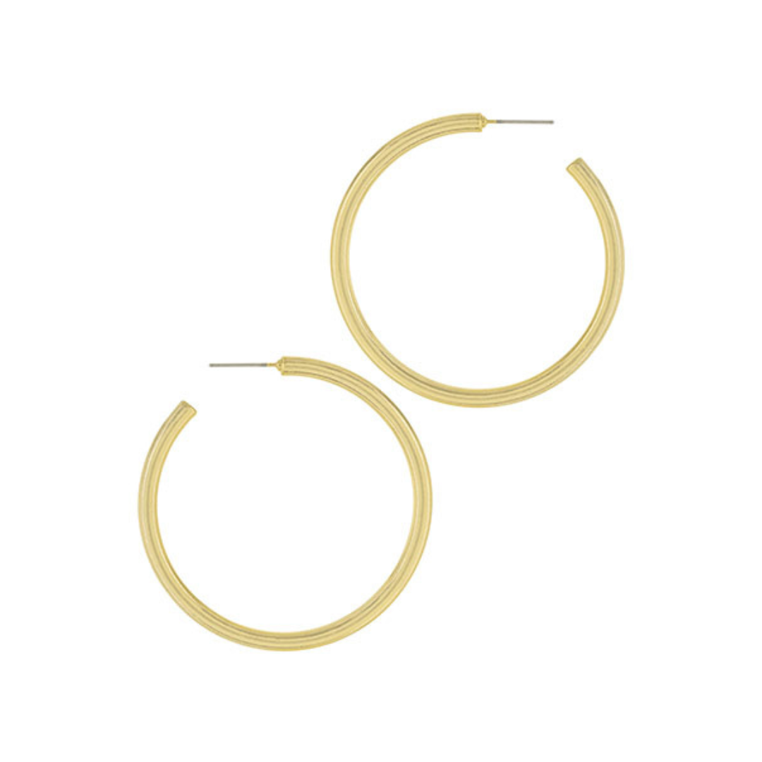 Classic vintage-inspired gold hoop earrings with a textured finish, photographed on a white background.