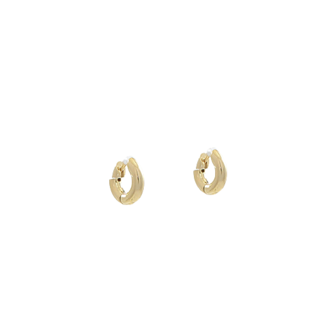 Gold-dipped donut-shaped huggie hoop earrings with a smooth rounded finish, photographed on a white background.