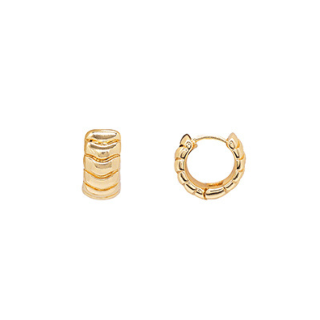 Two gold hoop earrings on a white background