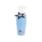 Set of blue tumblers with a star-shaped American flag ornament on a white background