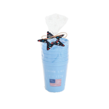 Set of blue tumblers with a star-shaped American flag ornament on a white background