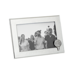 silver metal picture frame with golf ball and tee detail on a white background