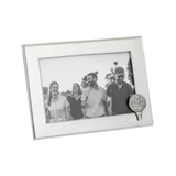 silver metal picture frame with golf ball and tee detail on a white background