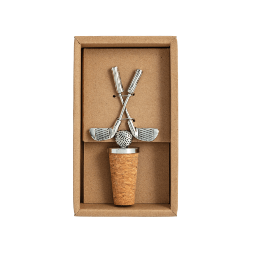 Golf-themed bottle stopper with clubs and ball design in a cardboard box