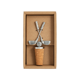 Golf-themed bottle stopper with clubs and ball design in a cardboard box