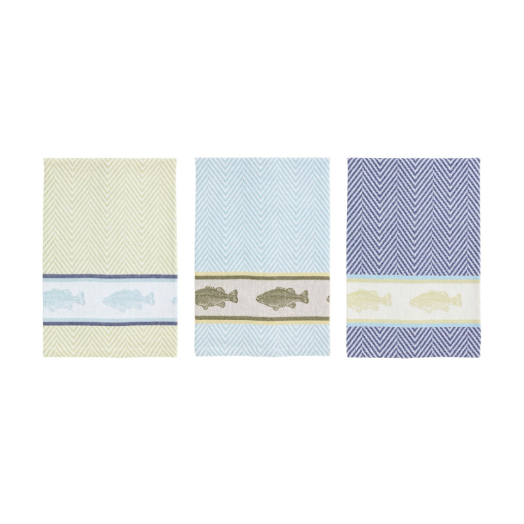 Three patterned towels with fish designs on a white background