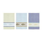 Three patterned towels with fish designs on a white background