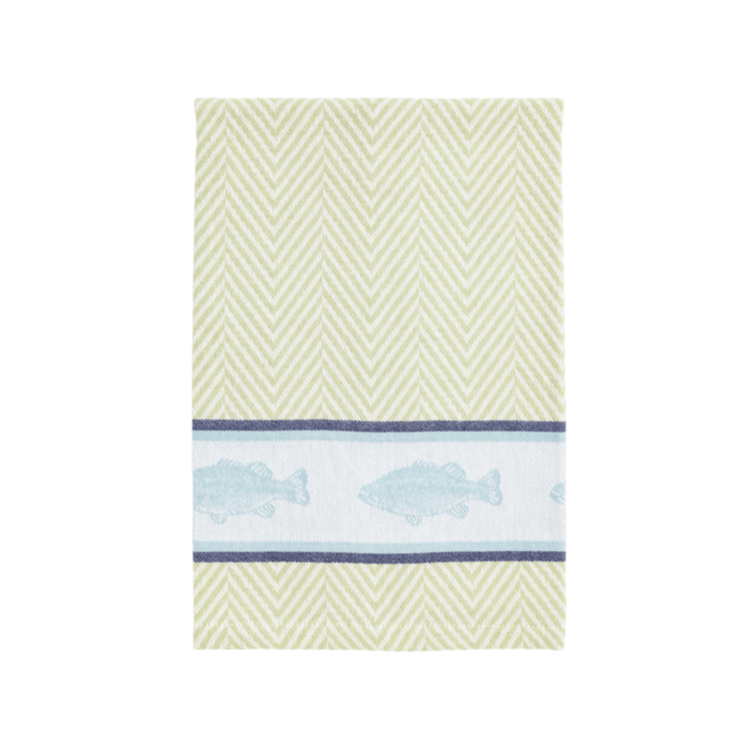 green herringbone hand towel with blue woven trout design on white background