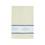 green herringbone hand towel with blue woven trout design on white background
