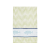 green herringbone hand towel with blue woven trout design on white background