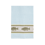 blue herringbone hand towel with dark green woven trout design on white background