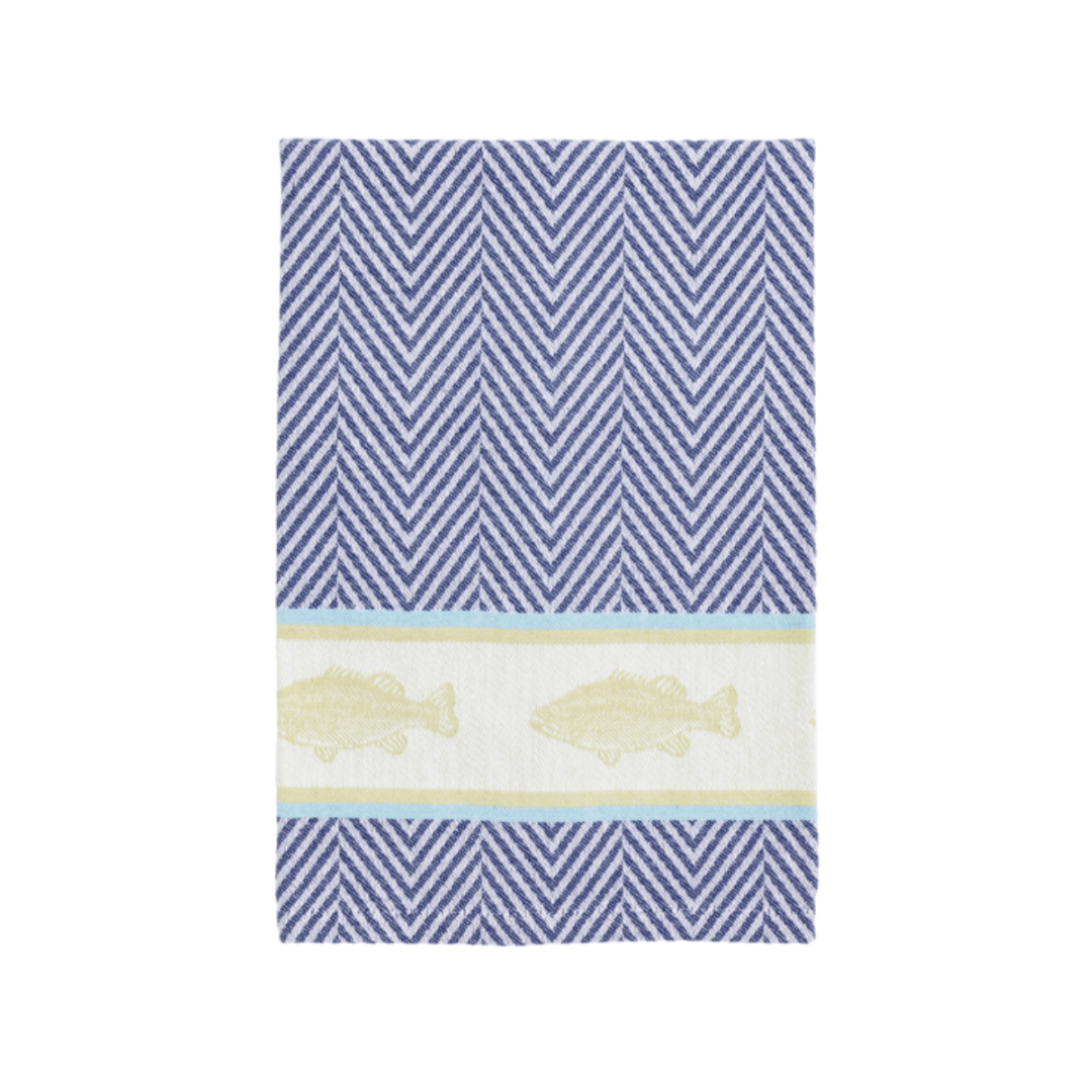 blue herringbone hand towel with light green woven trout design on white background