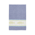 blue herringbone hand towel with light green woven trout design on white background