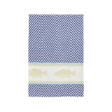 blue herringbone hand towel with light green woven trout design on white background