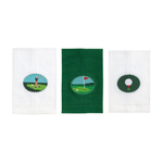 Three golf-themed towels with different designs on a white background