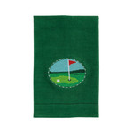 Green towel with a golf-themed patch on a white background