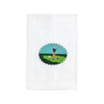 White towel with a golf-themed needlepoint design on a white background