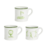 Three white mugs with green rim and golf-themed illustrations on a white background