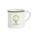 White mug with green rim and golf ball design on a white background