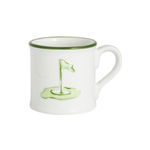 White mug with green rim and handle, featuring a golf flag design on a white background