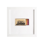 Matchbox with pink matches inside a white frame
