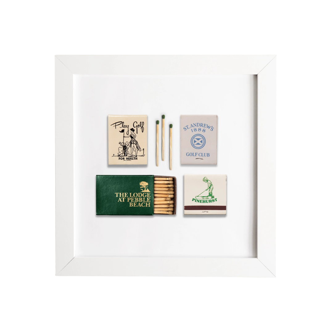 Collection of matchboxes with golf-themed designs with a white frame on a white background