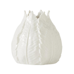White ceramic vase with a leaf design on a white background