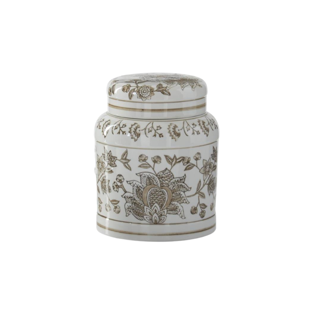 Decorative ceramic jar with floral patterns on a white background