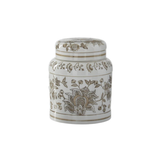 Decorative ceramic jar with floral patterns on a white background