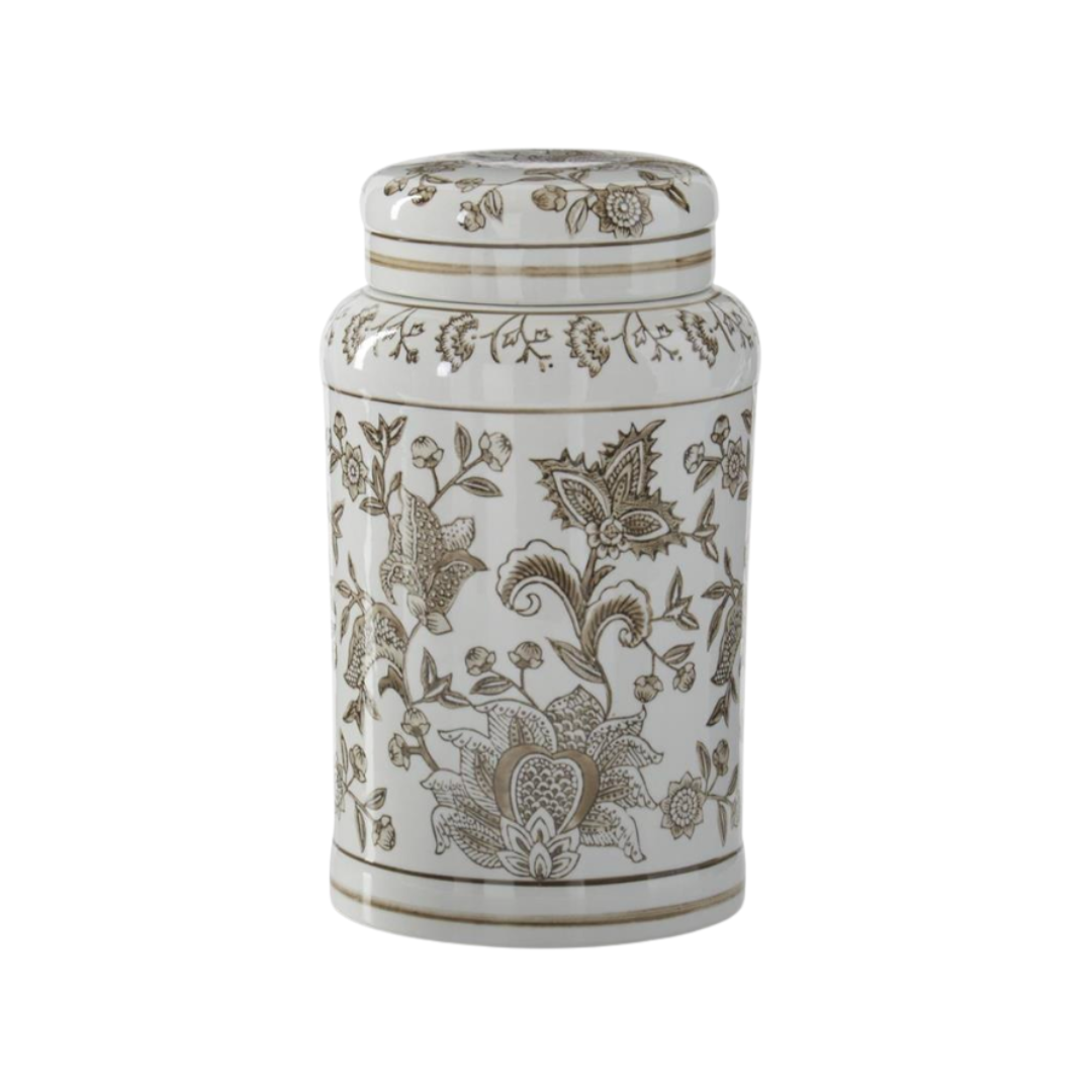 Decorative ceramic jar with floral patterns on a white background