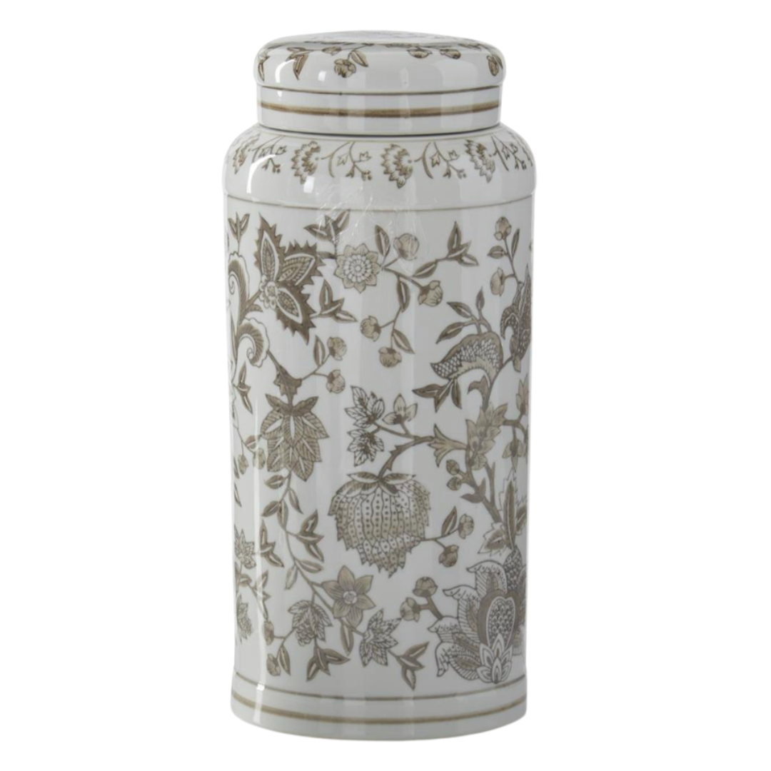 White ceramic jar with floral patterns on a white background