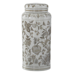 White ceramic jar with floral patterns on a white background
