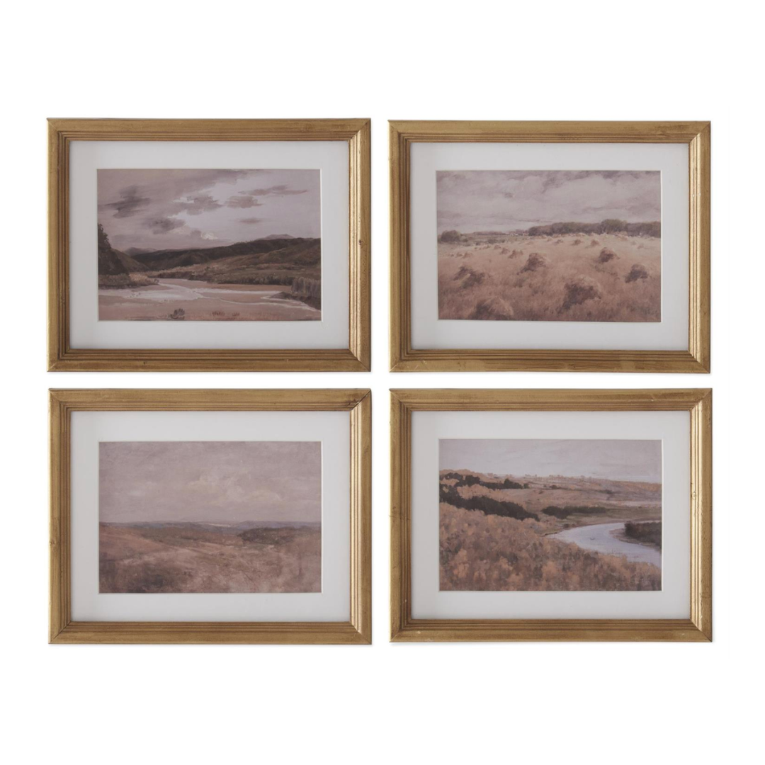 Four framed landscape prints with wooden frames on a white background