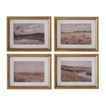 Four framed landscape prints with wooden frames on a white background
