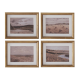 Four framed landscape prints with wooden frames on a white background
