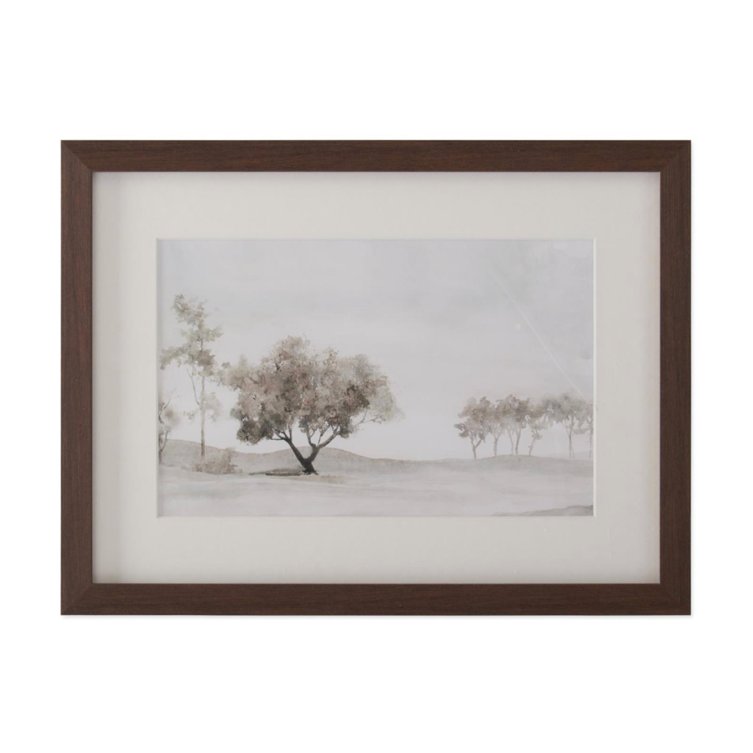 Framed artwork of trees in a field with a wooden frame on a white background