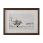 Framed artwork of trees in a field with a wooden frame on a white background