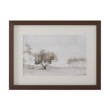Framed artwork of trees in a field with a wooden frame on a white background