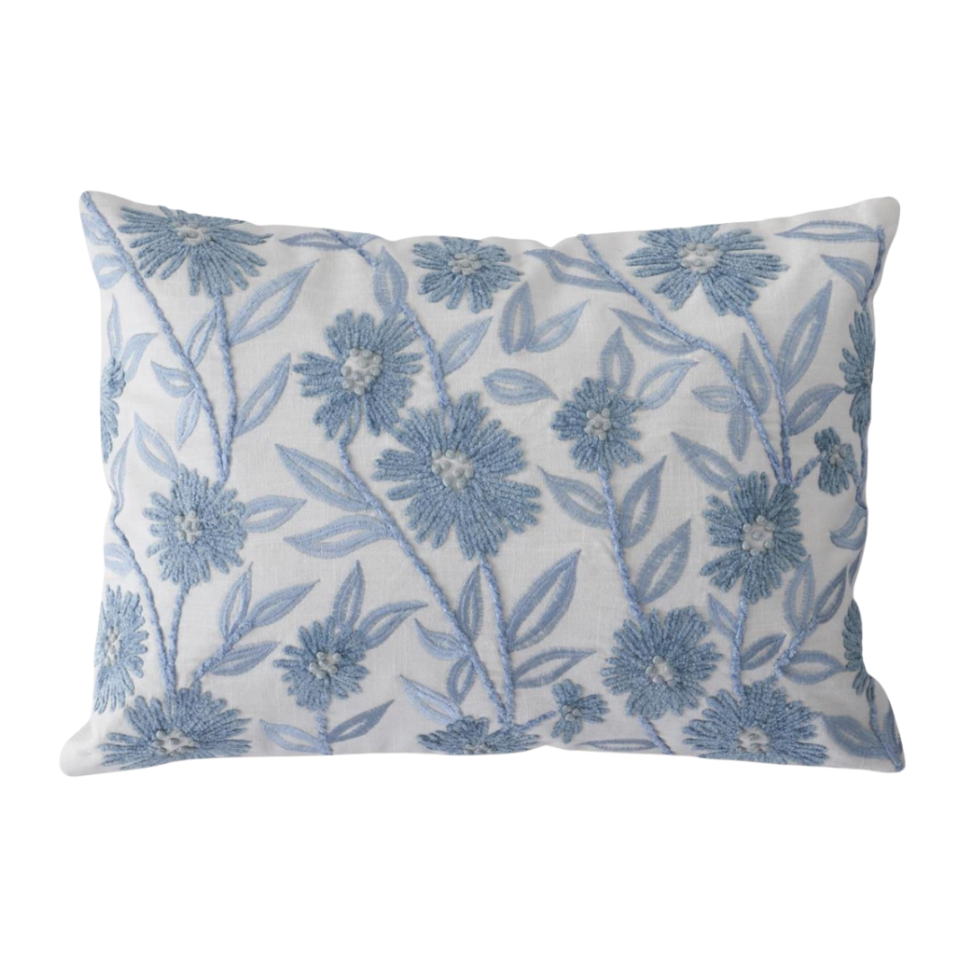 Floral patterned pillow with blue flowers on a white background