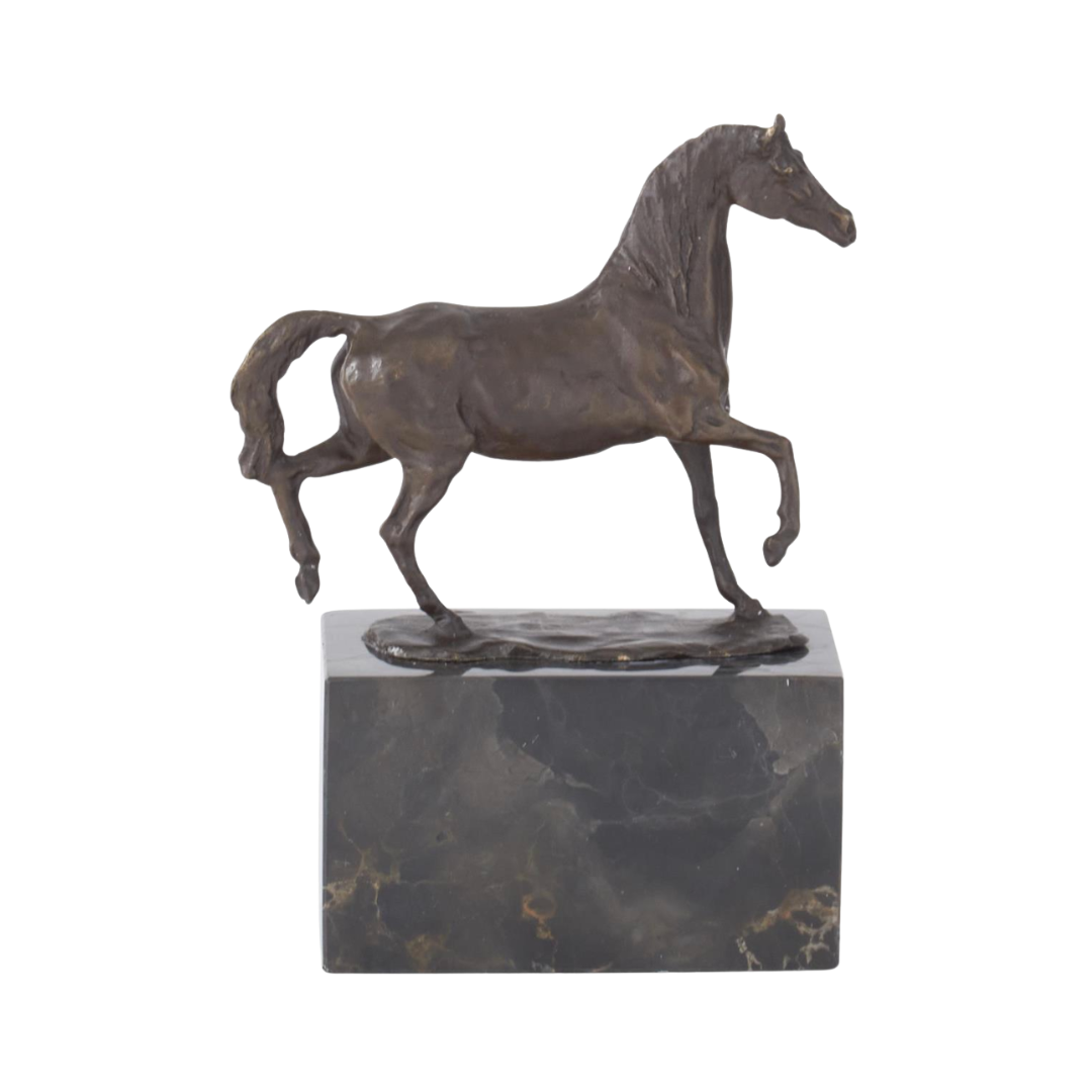 Bronze horse sculpture on a marble base against a white background
