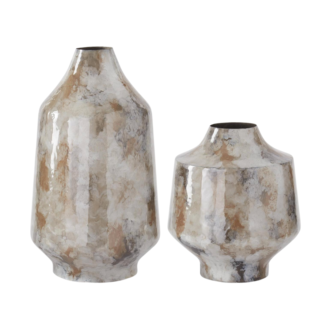 Two ceramic vases with a marbled pattern on a white background